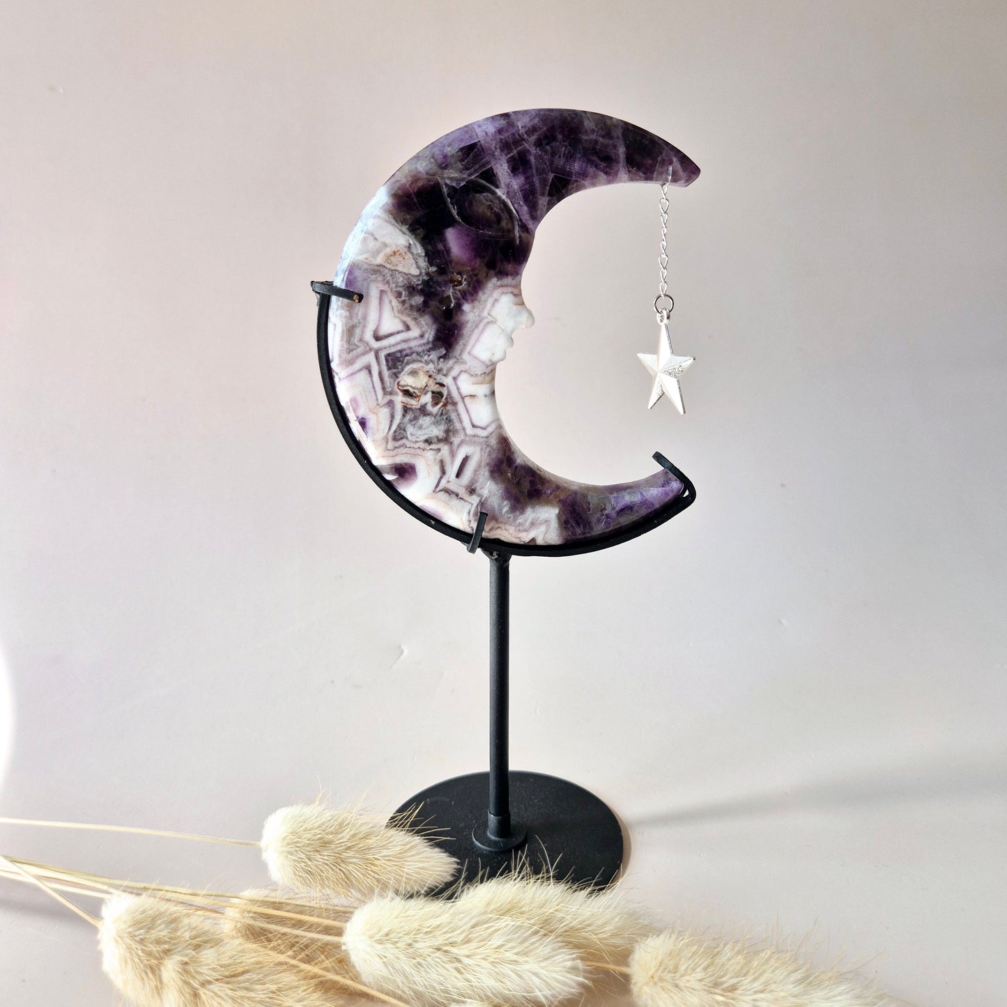 XL Gemstone Moss Agate Moon on Stand (Druzy & Patterns) #158 - 400g 12,7cm