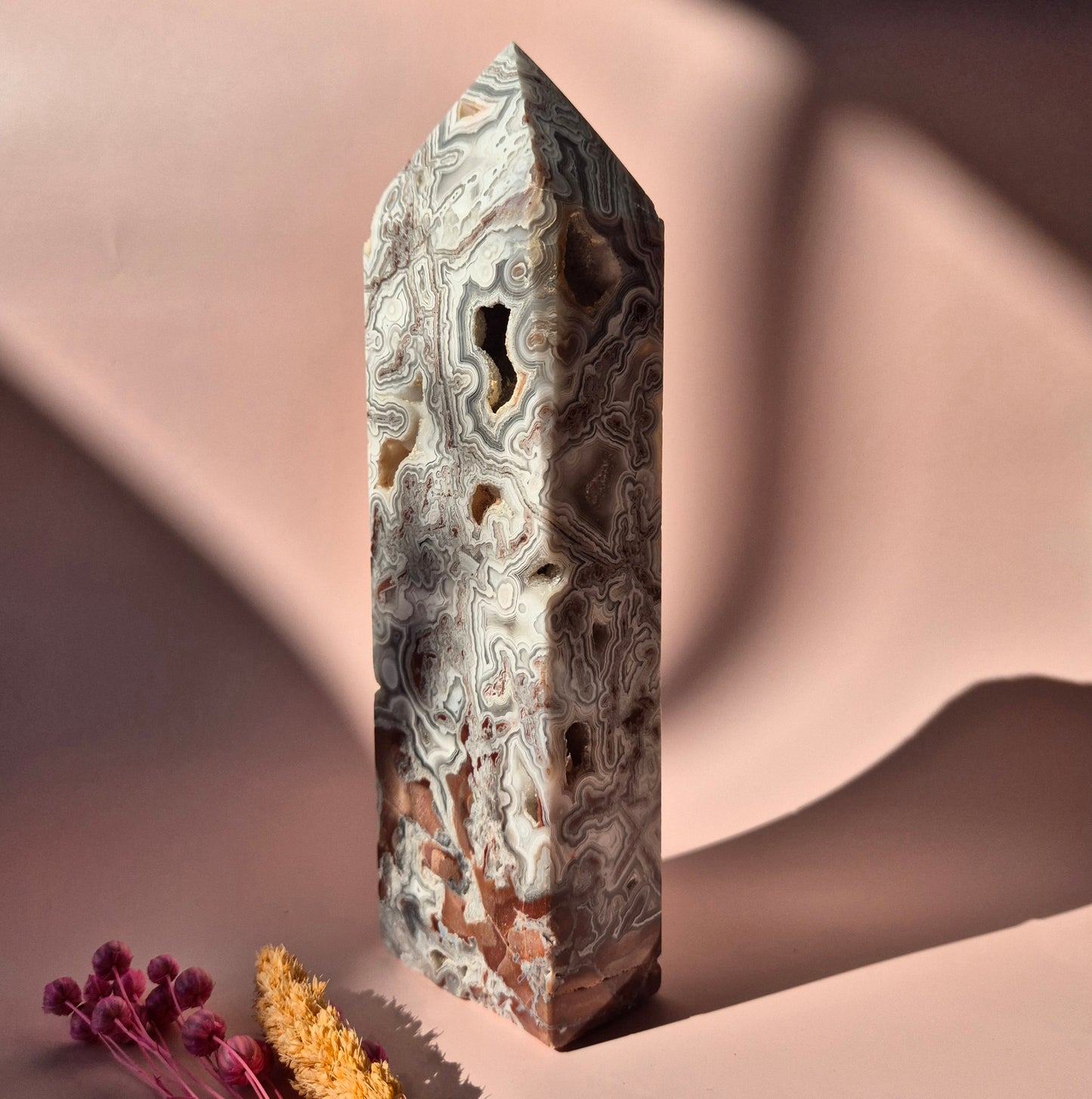 XL Druzy Mexican Agate Tower – Stunning Crystal Display Piece - 19cm 707 grams