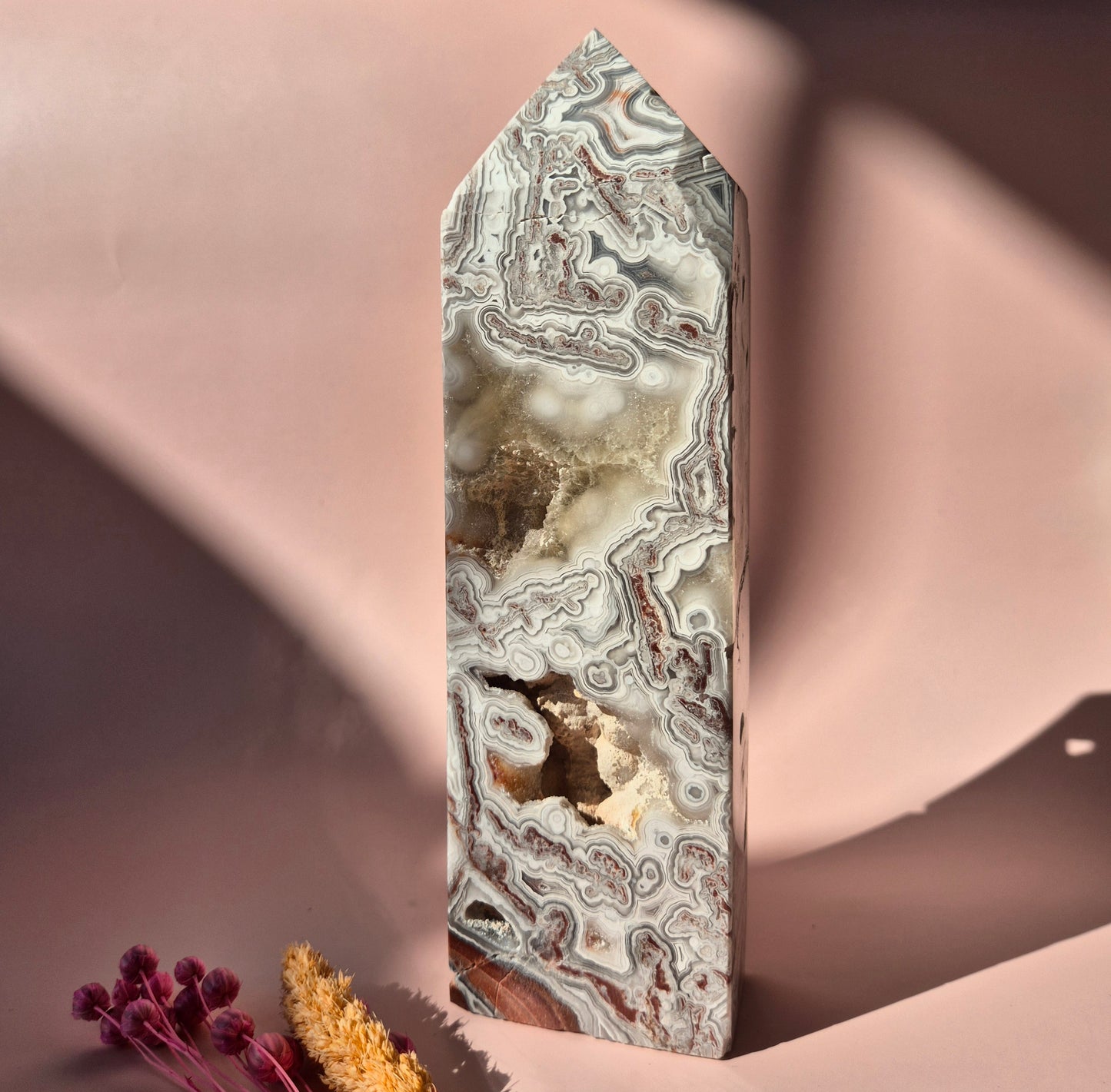XL Druzy Mexican Agate Tower – Stunning Crystal Display Piece - 19cm 707 grams