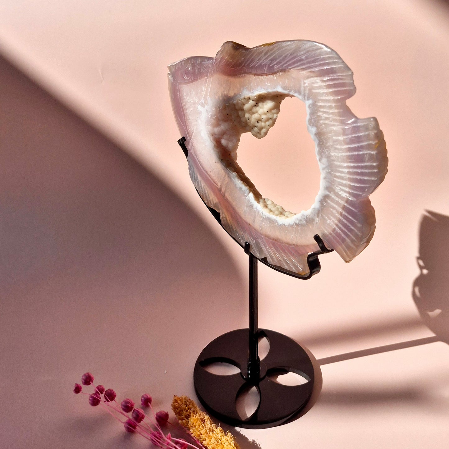 One-of-a-Kind Druzy Agate Fish Carving on Metal Stand - 17x14cm 311 grams