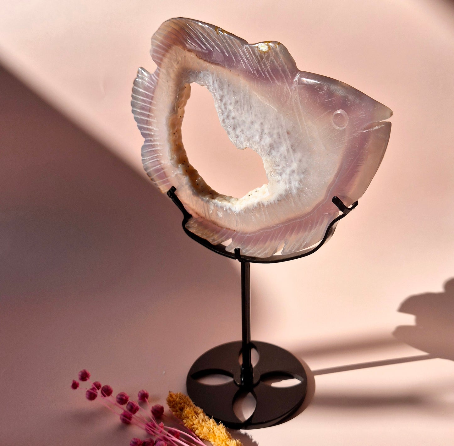 One-of-a-Kind Druzy Agate Fish Carving on Metal Stand - 17x14cm 311 grams