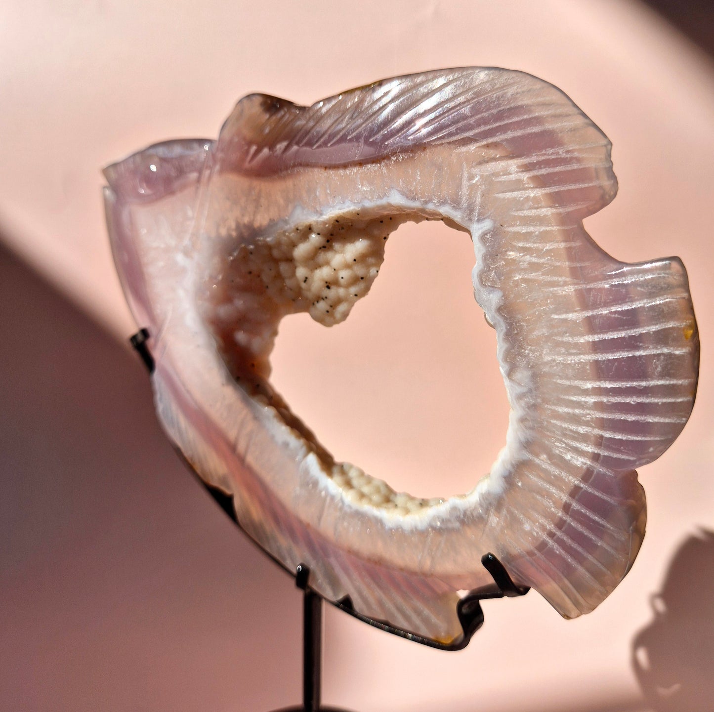 One-of-a-Kind Druzy Agate Fish Carving on Metal Stand - 17x14cm 311 grams