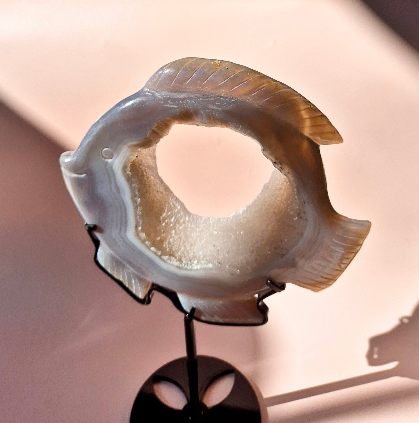 One-of-a-Kind Druzy Agate Fish Carving on Metal Stand - 17x19cm 481 grams
