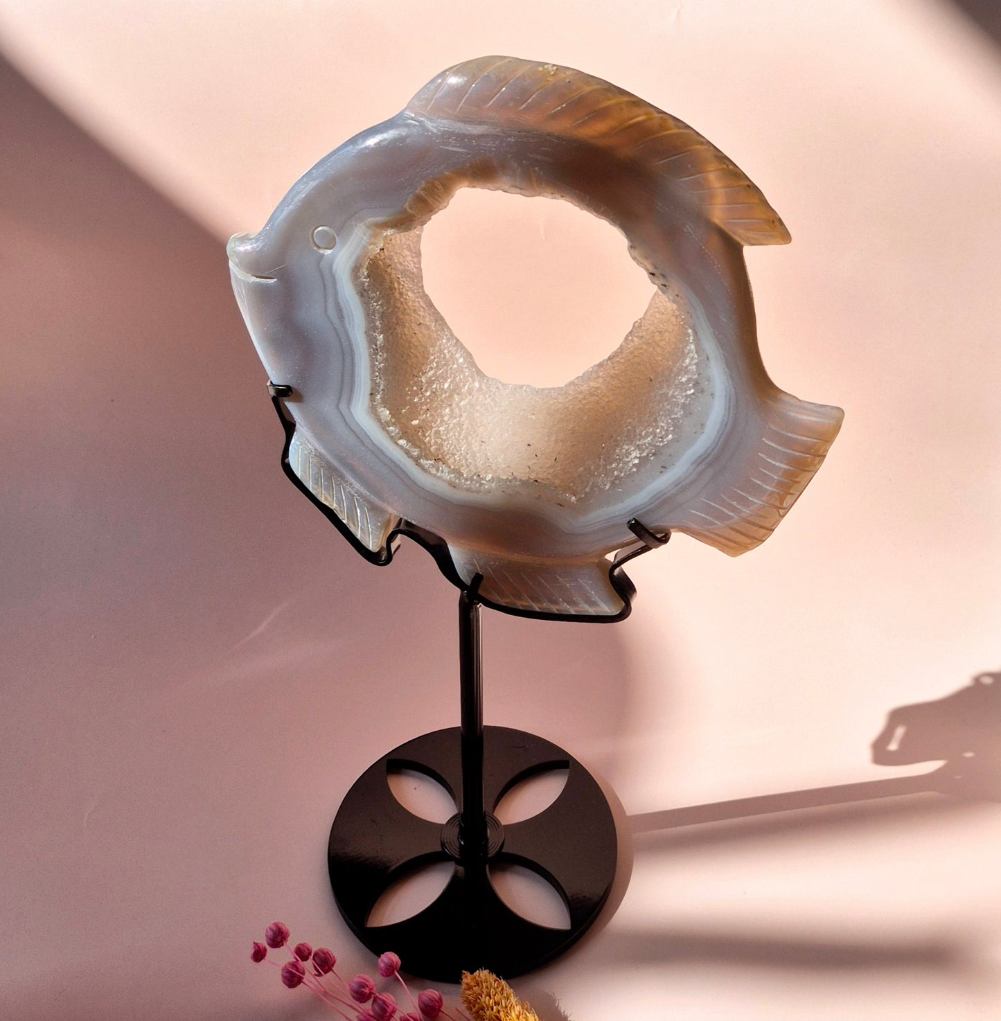 One-of-a-Kind Druzy Agate Fish Carving on Metal Stand - 17x19cm 481 grams