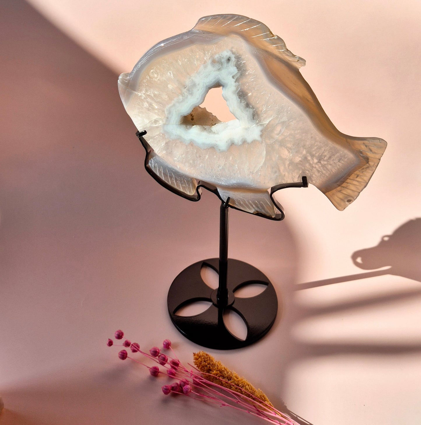 One-of-a-Kind Druzy Agate Fish Carving on Metal Stand - 15x20cm 515 grams