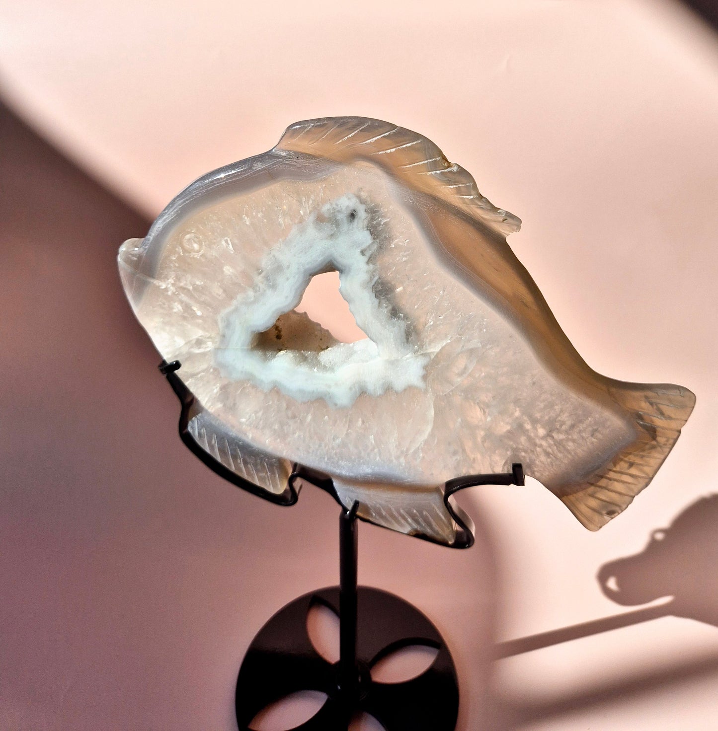 One-of-a-Kind Druzy Agate Fish Carving on Metal Stand - 15x20cm 515 grams