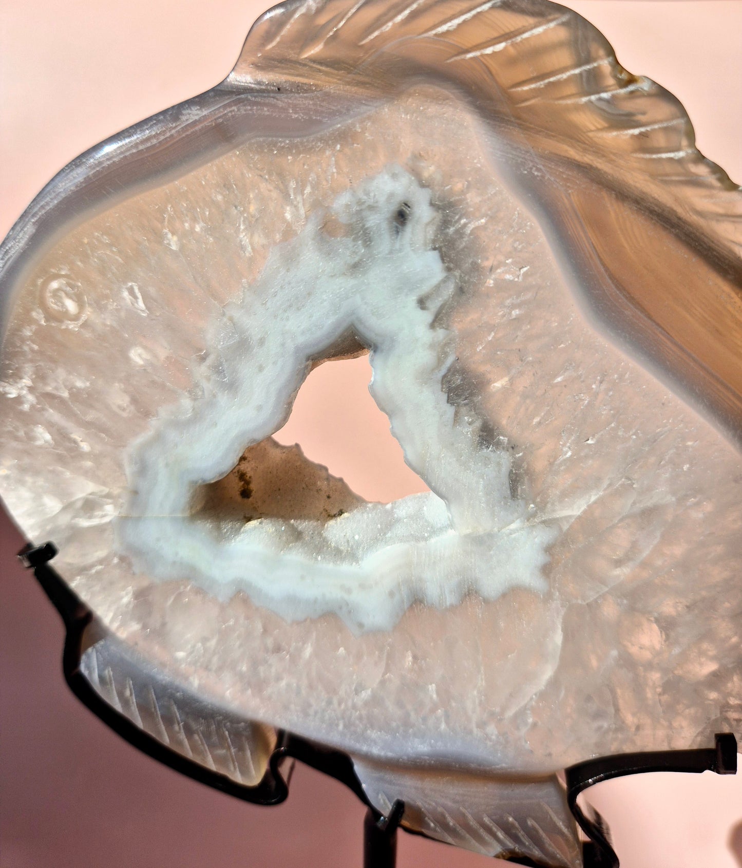 One-of-a-Kind Druzy Agate Fish Carving on Metal Stand - 15x20cm 515 grams