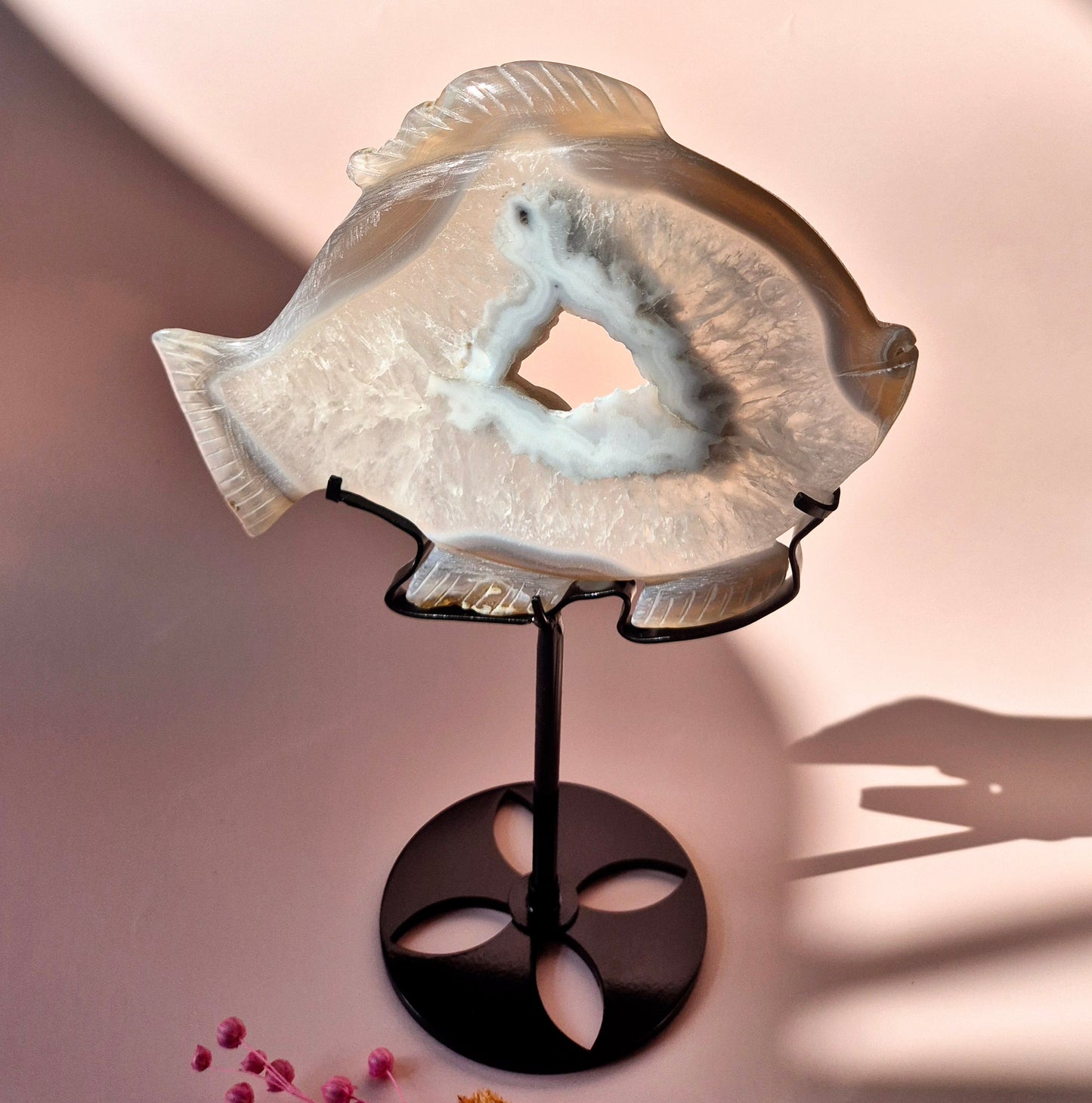One-of-a-Kind Druzy Agate Fish Carving on Metal Stand - 15x20cm 515 grams