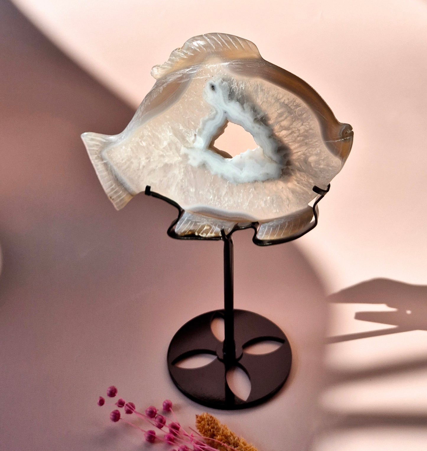 One-of-a-Kind Druzy Agate Fish Carving on Metal Stand - 15x20cm 515 grams
