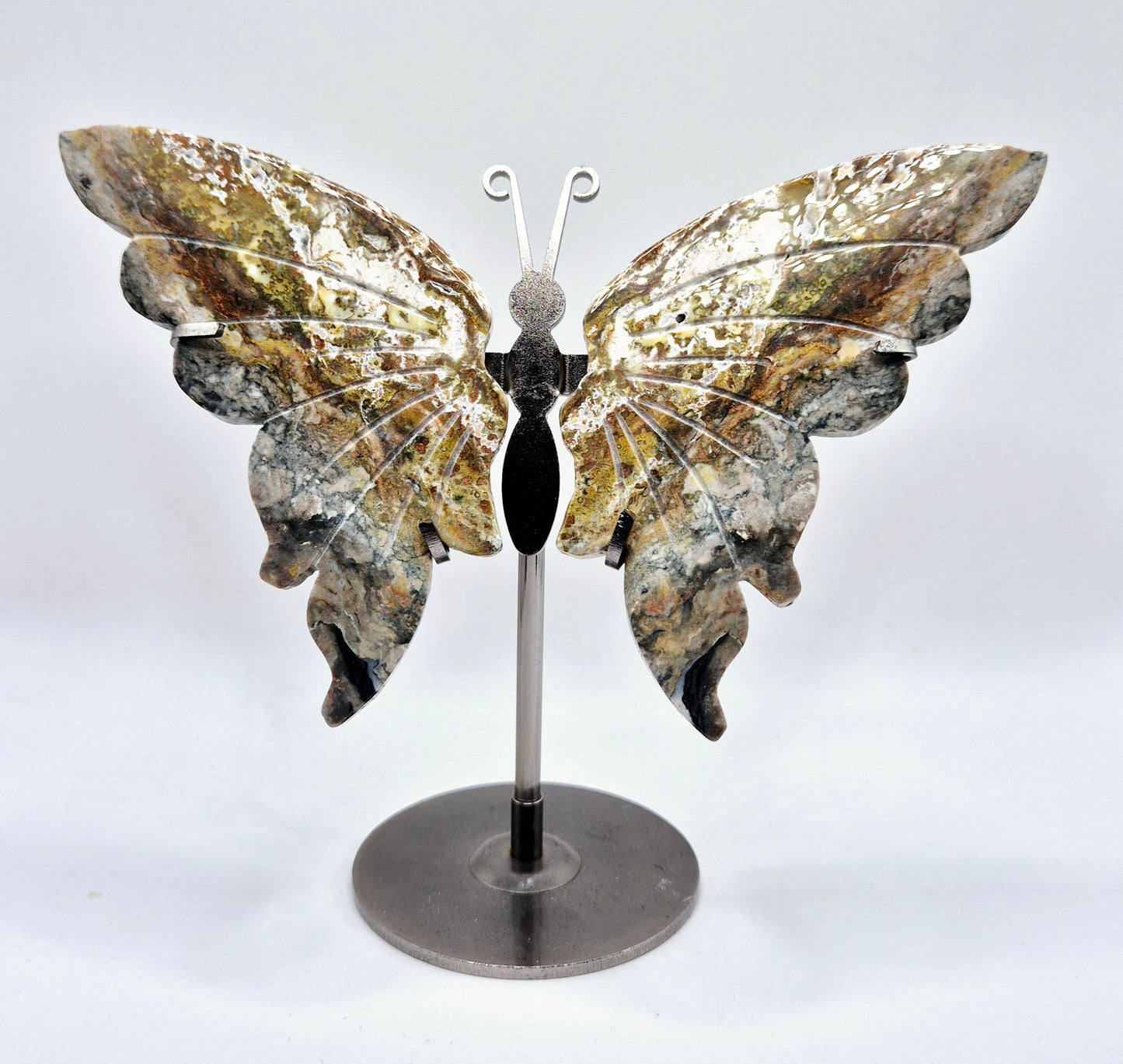 Bumblebee Jasper Butterfly Crystal Carving with Metal Stand Vlinder Edelsteen
