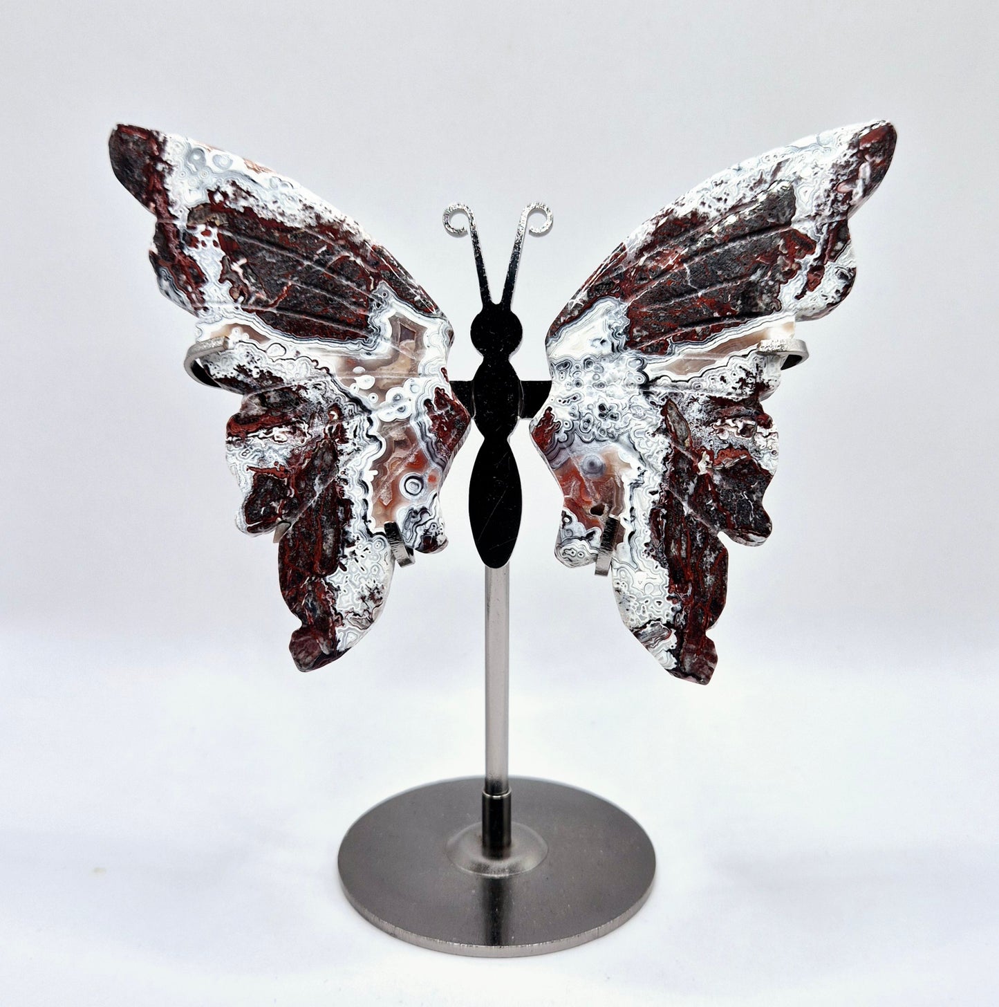 Mexican Agate Butterfly Crystal Carving with Metal Stand Edelsteen Vlinder