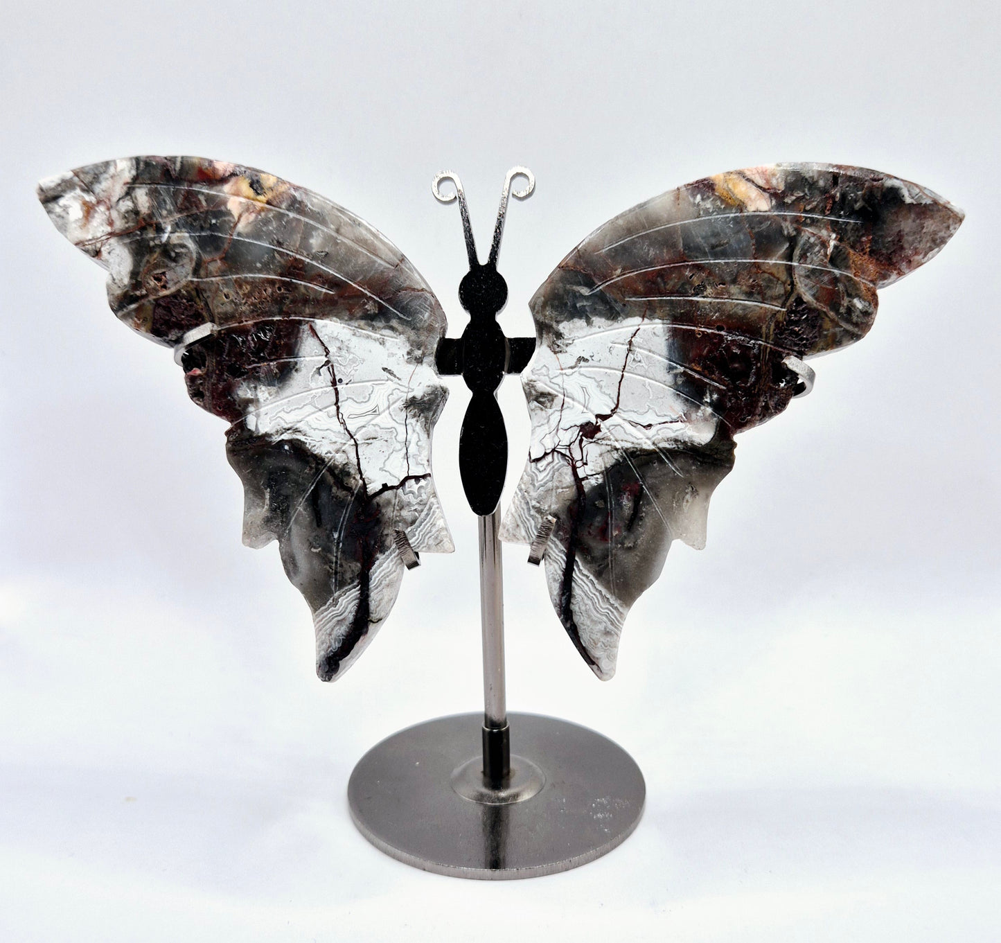 Mexican Agate Butterfly Crystal Carving with Metal Stand Edelsteen Vlinder