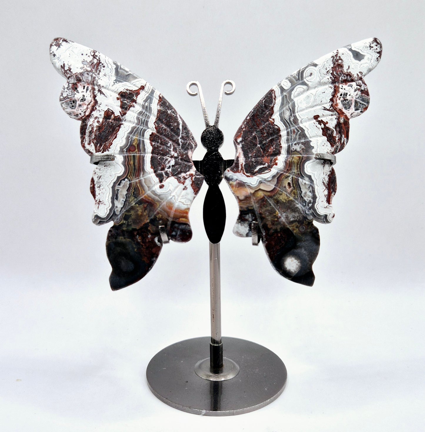 Mexican Agate Butterfly Crystal Carving with Metal Stand Edelsteen Vlinder