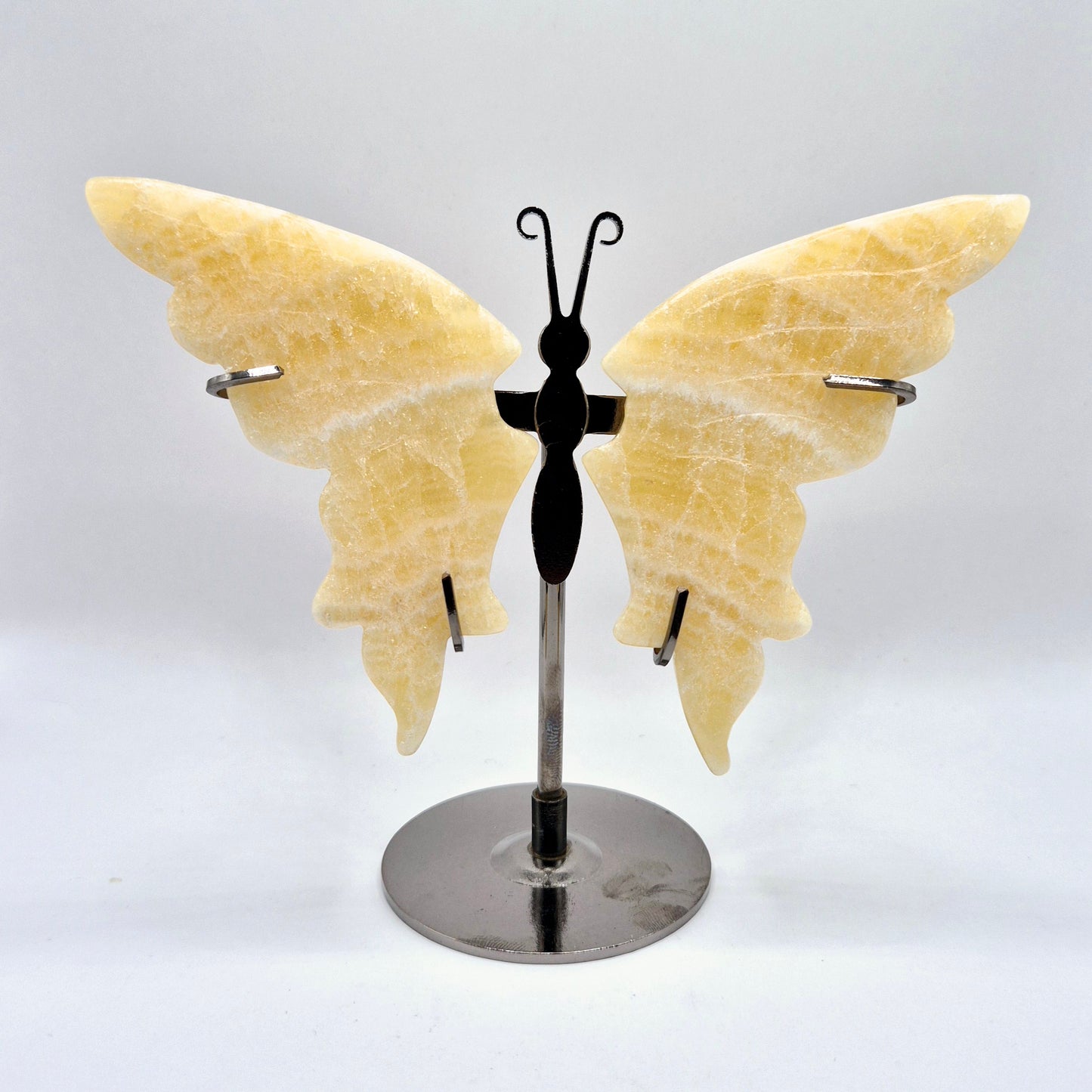 Yellow Calcite Butterfly Crystal Carving with Metal Stand (vlinder)
