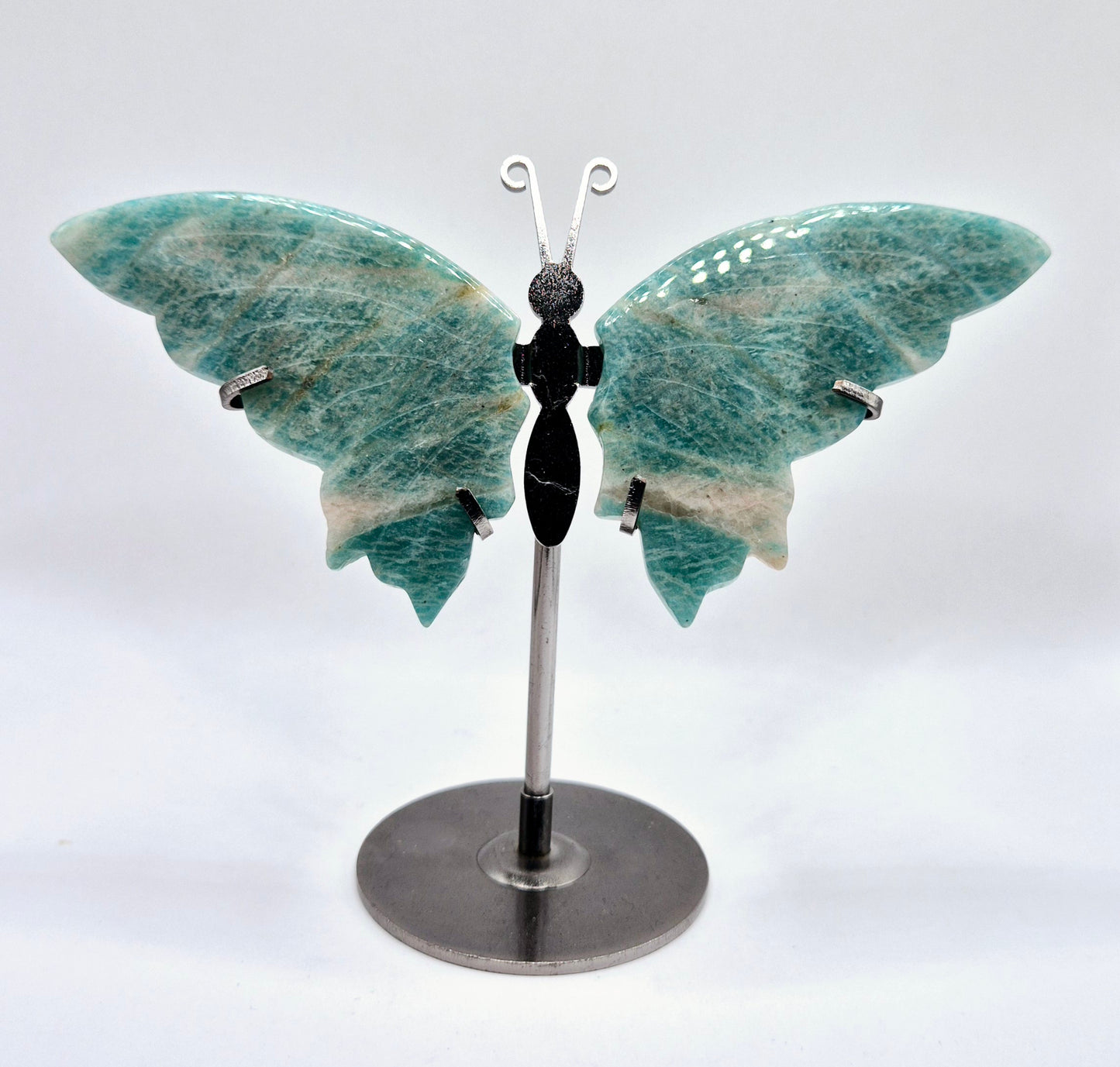 Blue Amazonite Butterfly / Vlinder geslepen Edelsteen met Metalen Standaard (amazoniet)