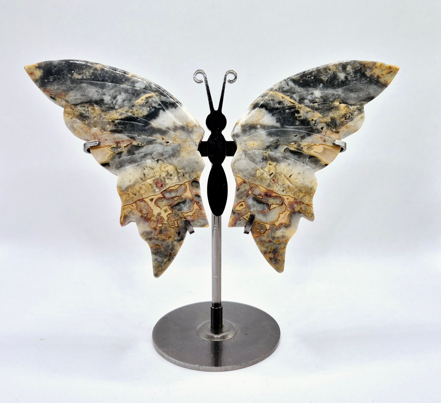 Bumblebee Jasper Butterfly Crystal Carving with Metal Stand Vlinder Edelsteen