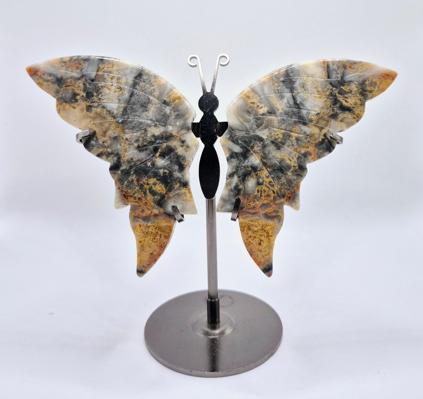 Bumblebee Jasper Butterfly Crystal Carving with Metal Stand Vlinder Edelsteen