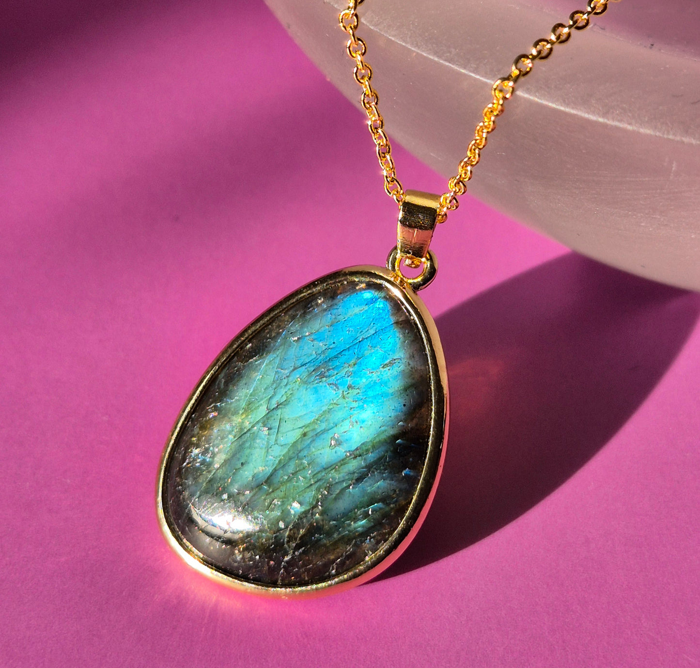Gold color Labradorite Necklace with 25mm flashy pendant