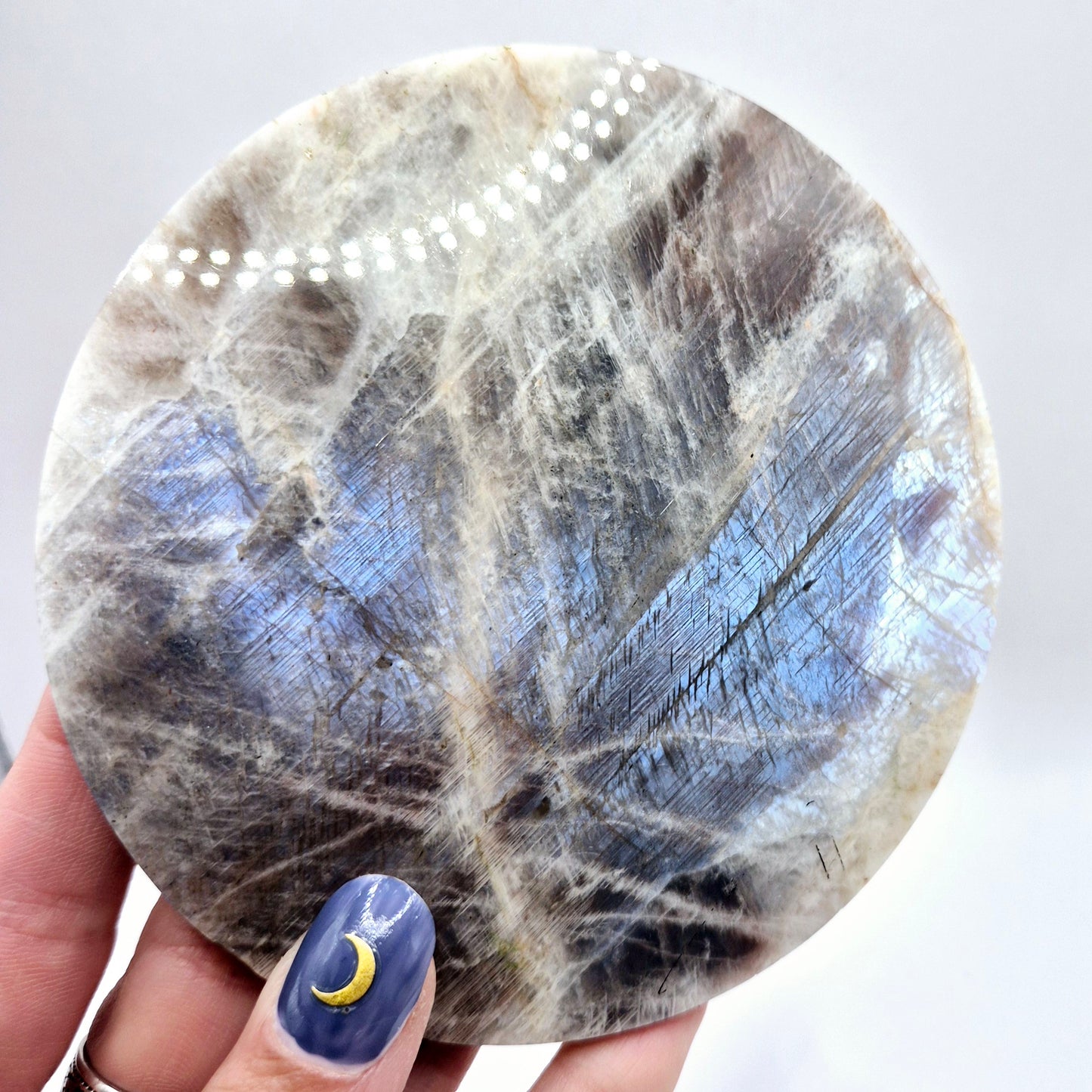 Large Flashy Round Blue Moonstone on wooden Stand – 10,5cm