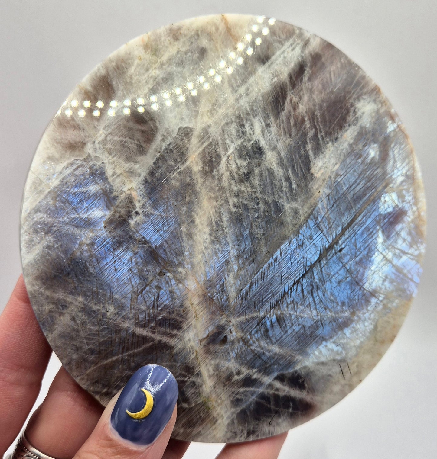 Large Flashy Round Blue Moonstone on wooden Stand – 10,5cm