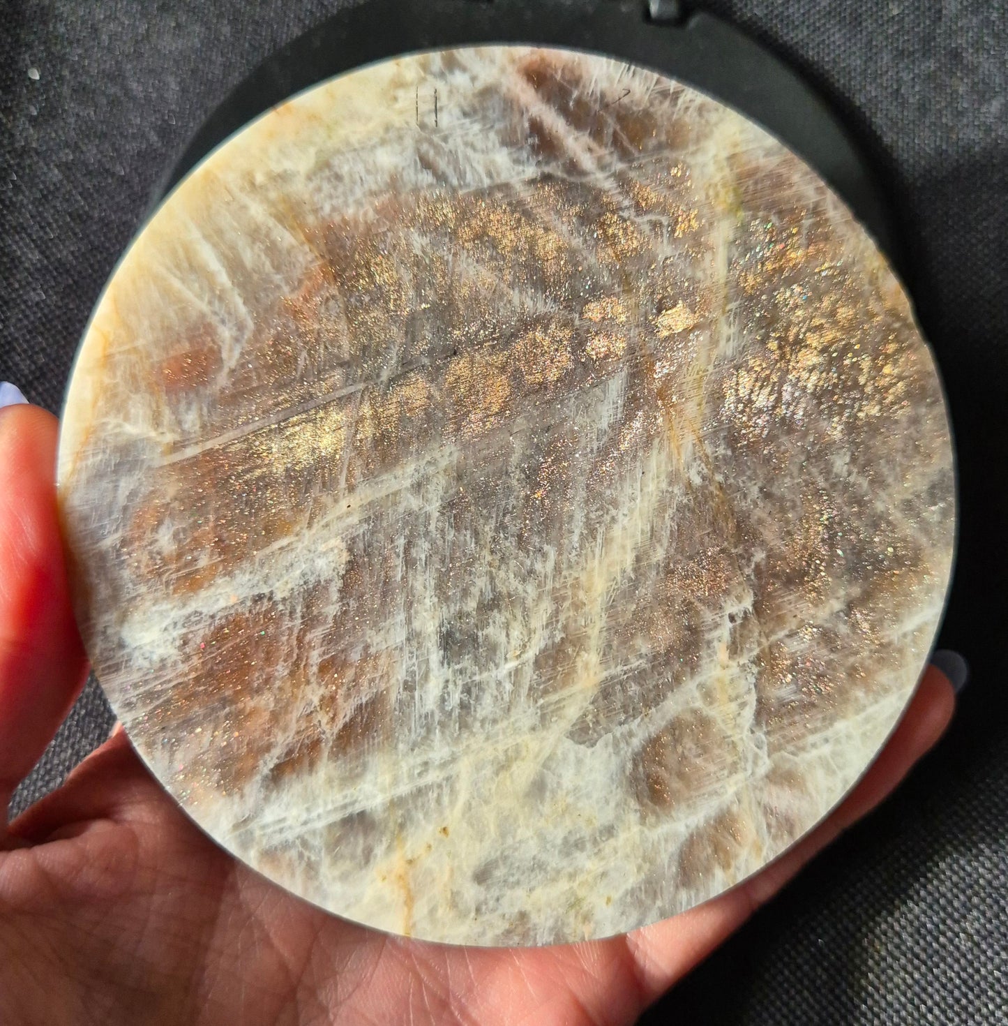 Large Flashy Round Blue Moonstone on wooden Stand – 10,5cm