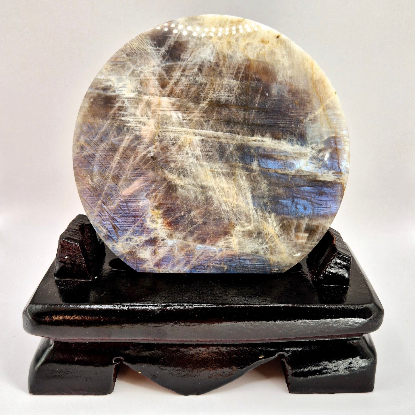 Large Flashy Round Blue Moonstone on wooden Stand – 10,5cm