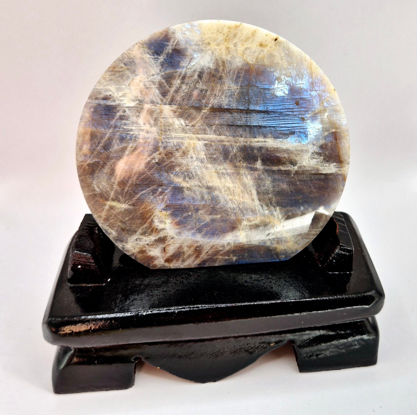 Large Flashy Round Blue Moonstone on wooden Stand – 10,5cm
