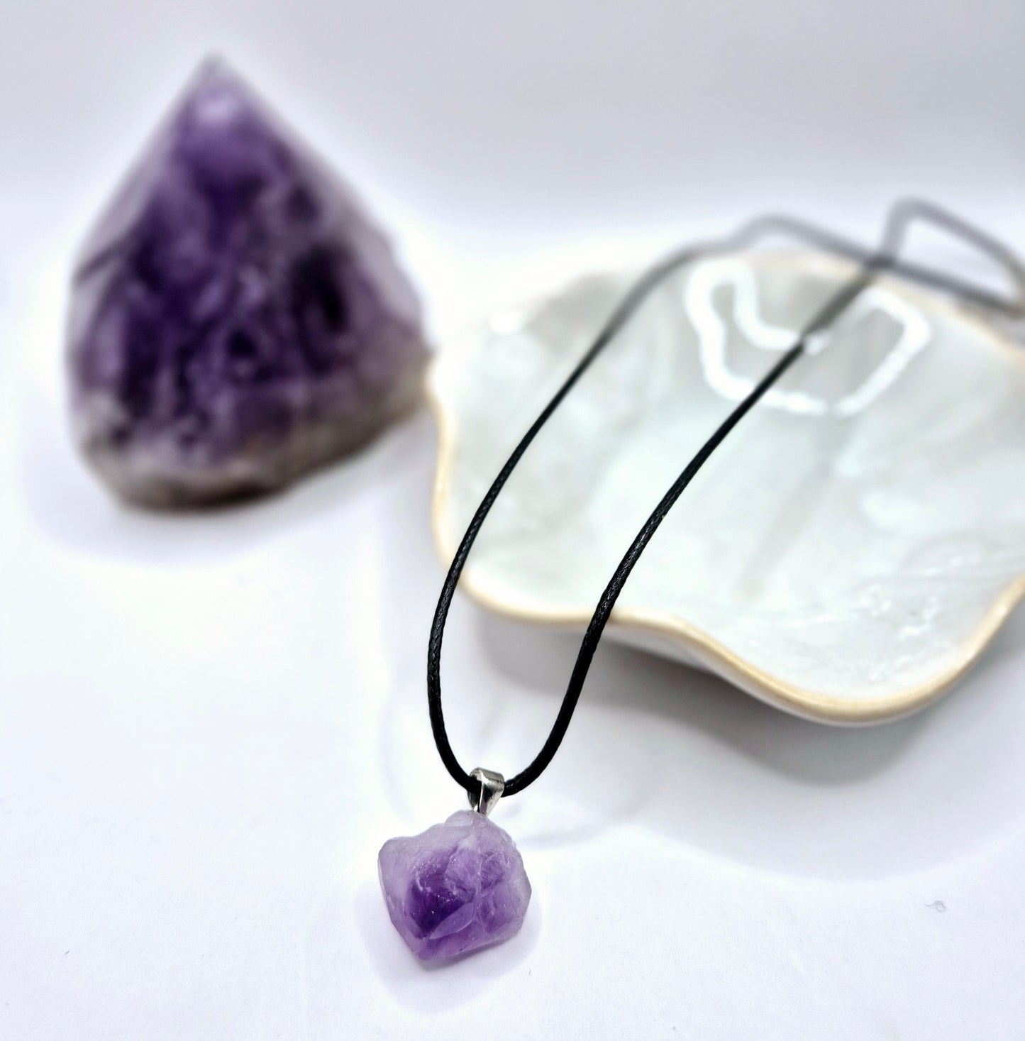 Black Rope Necklace with Raw Amethyst Pendant