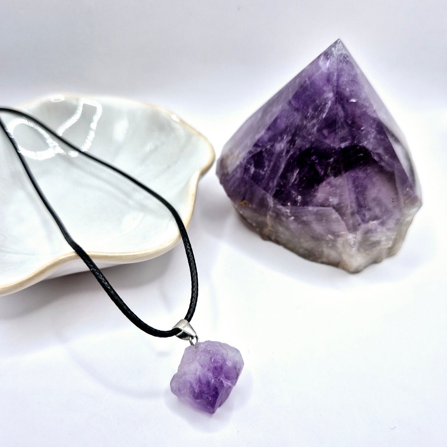 Black Rope Necklace with Raw Amethyst Pendant