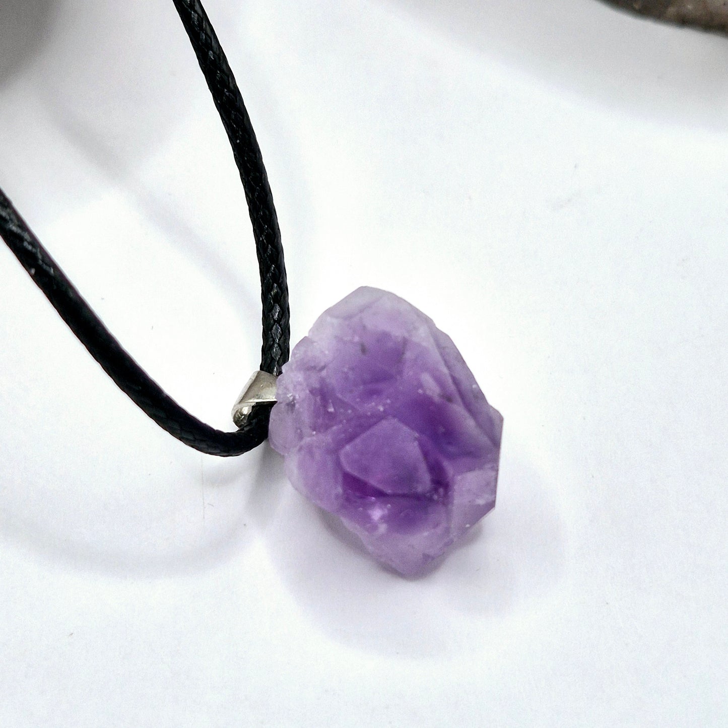 Black Rope Necklace with Raw Amethyst Pendant