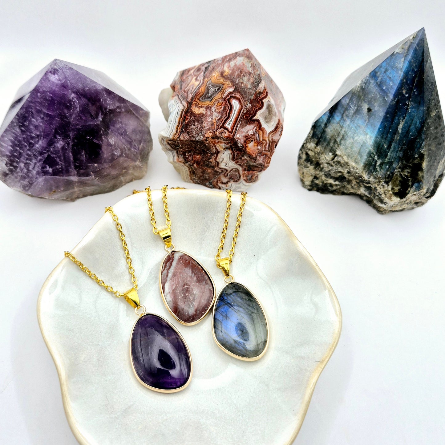 Gold color Labradorite Necklace with 25mm flashy pendant