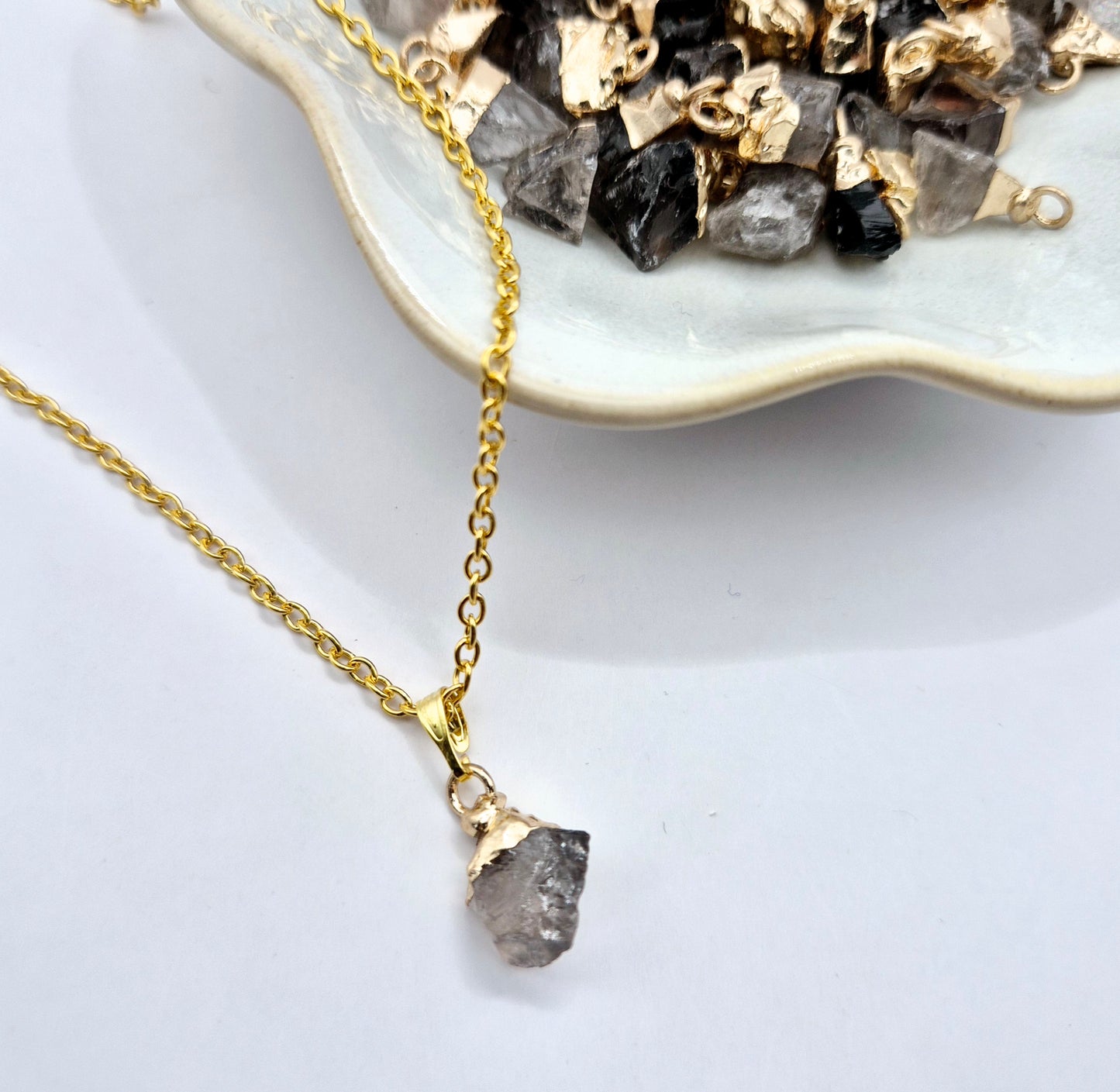 Gold-Colored Necklace with Raw Smoky Quartz Pendant (1cm)