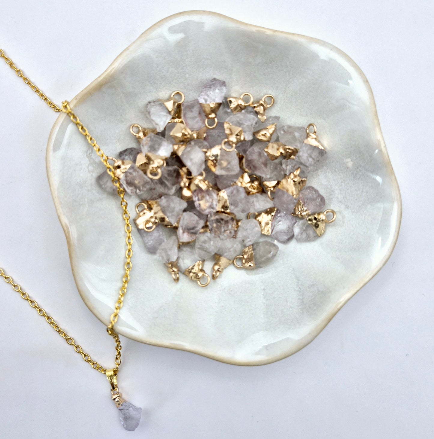Gold-Colored Necklace with Raw Clear Quartz Pendant (1cm)