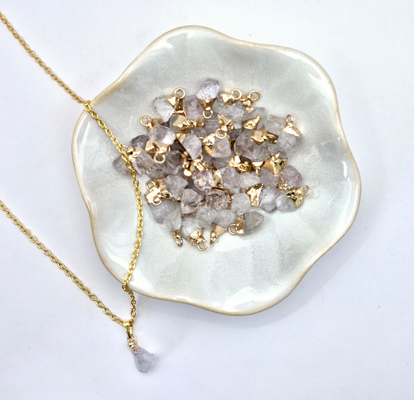 Gold-Colored Necklace with Raw Clear Quartz Pendant (1cm)