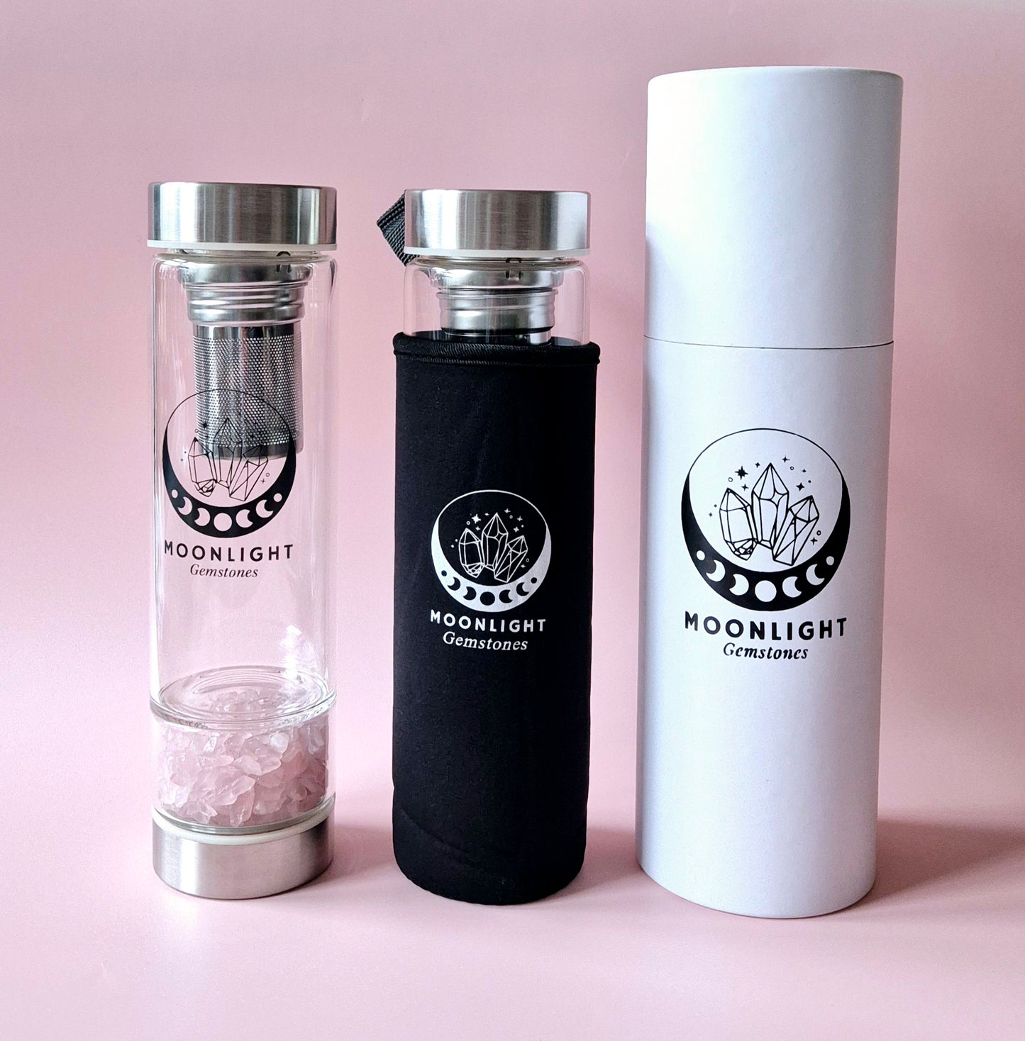 Glastrinkflasche mit Filter Edelsteinwasserflasche Rosenquarz – 400 ml