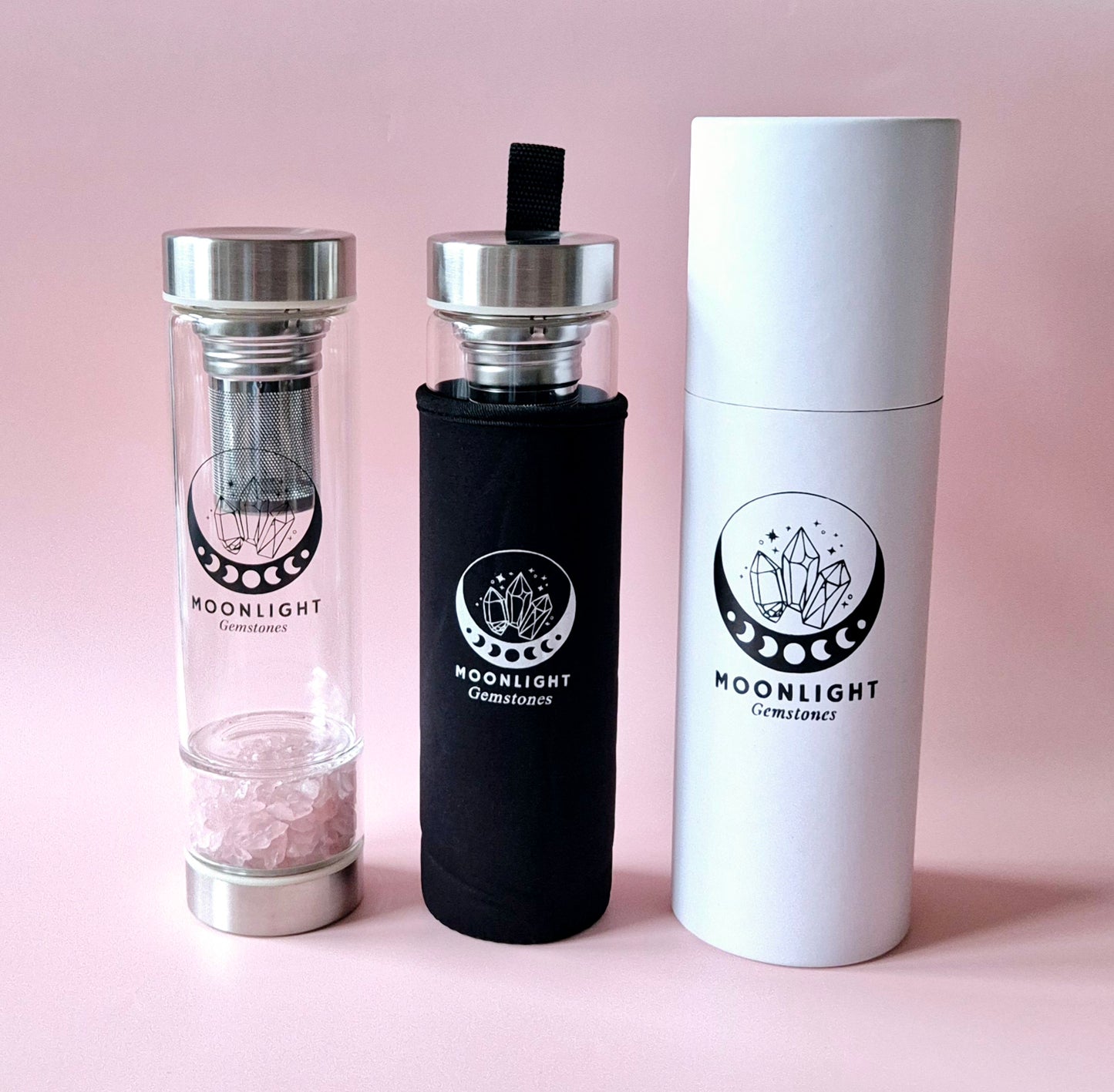 Glastrinkflasche mit Filter Edelsteinwasserflasche Bergkristall - 400 ml