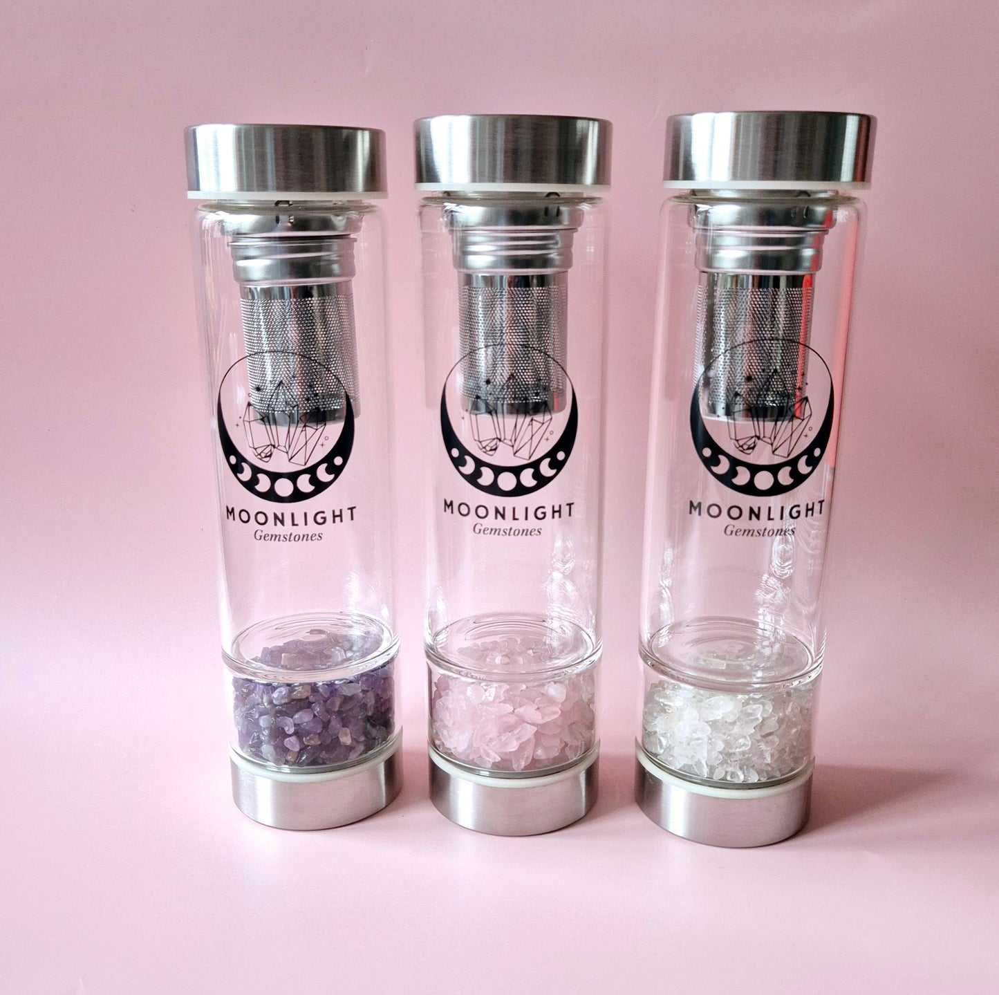 Glastrinkflasche mit Filter Edelsteinwasserflasche Rosenquarz – 400 ml