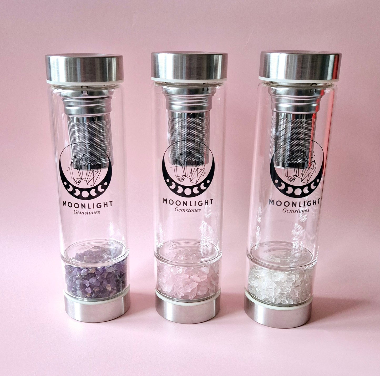 Glastrinkflasche mit Filter Edelsteinwasserflasche Rosenquarz – 400 ml
