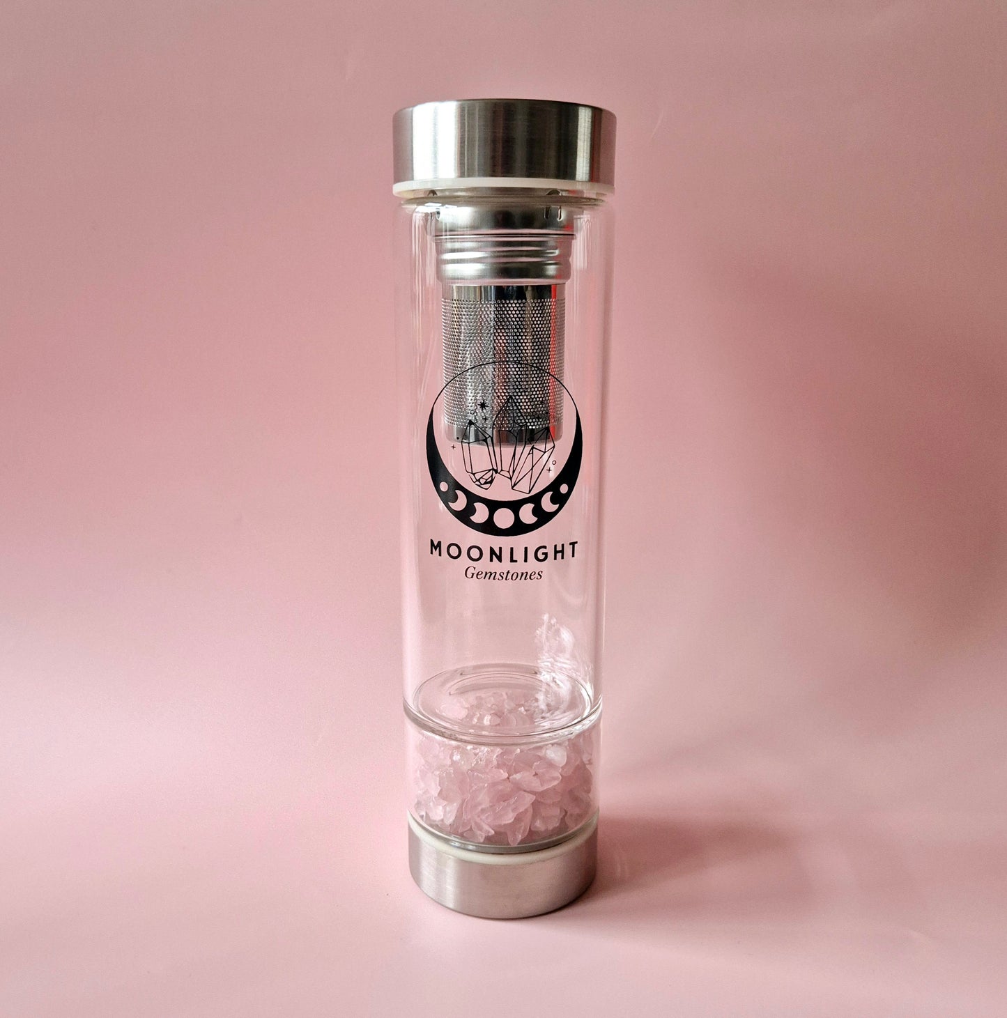 Glass Drinking Bottle With Filter Gemstone Water Bottle Rose Quartz – 400 ml