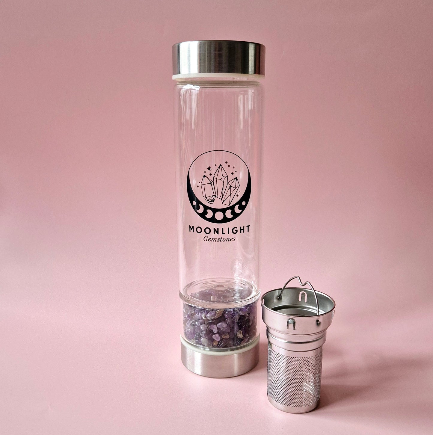 Glass Drinking Bottle With Filter Gemstone Water Bottle Rose Quartz – 400 ml