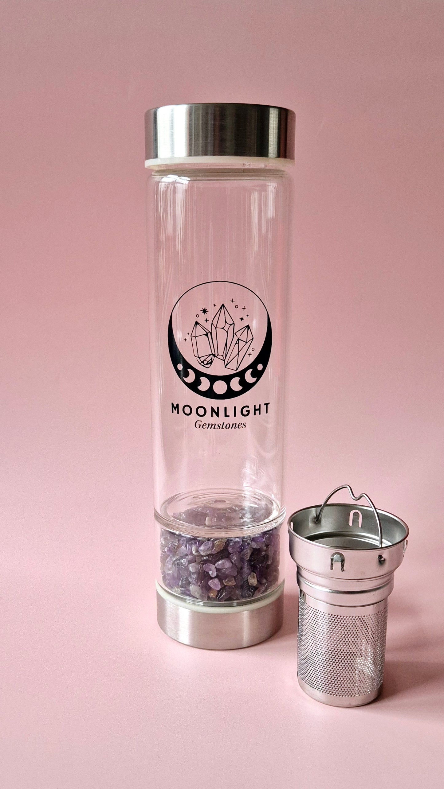 Glastrinkflasche mit Filter Edelsteinwasserflasche Rosenquarz – 400 ml