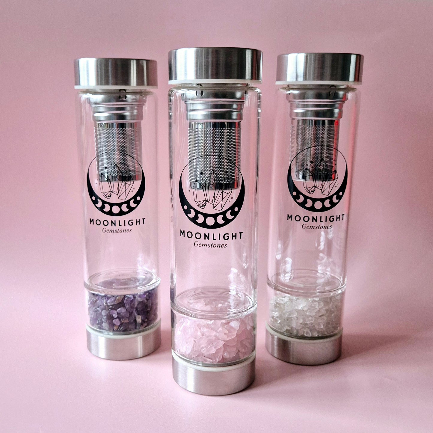 Glass Drinking Bottle With Filter Gemstone Water Bottle Rose Quartz – 400 ml