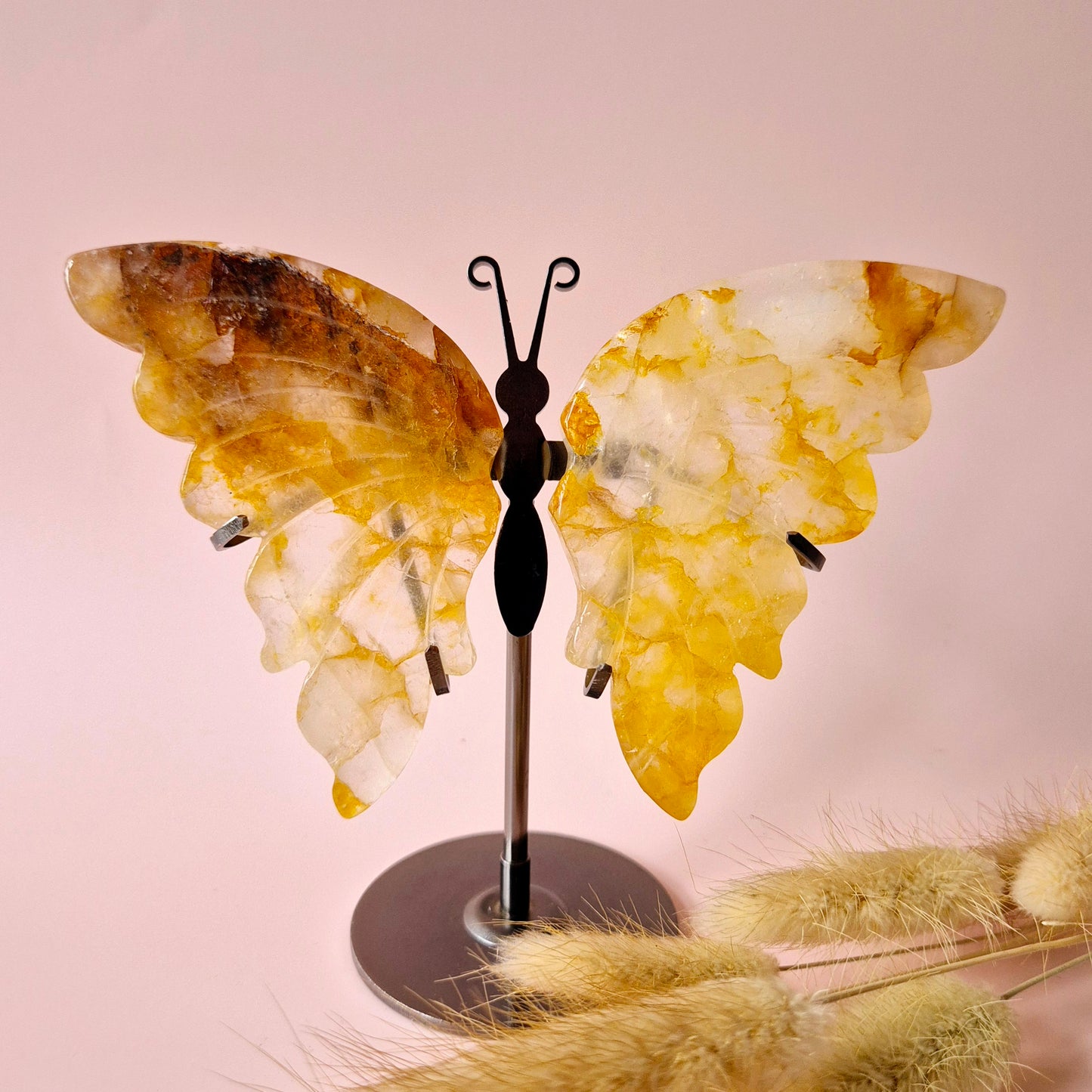 Golden Healer Butterfly Edelsteen Crystal Carving met Metalen Standaard vlinder