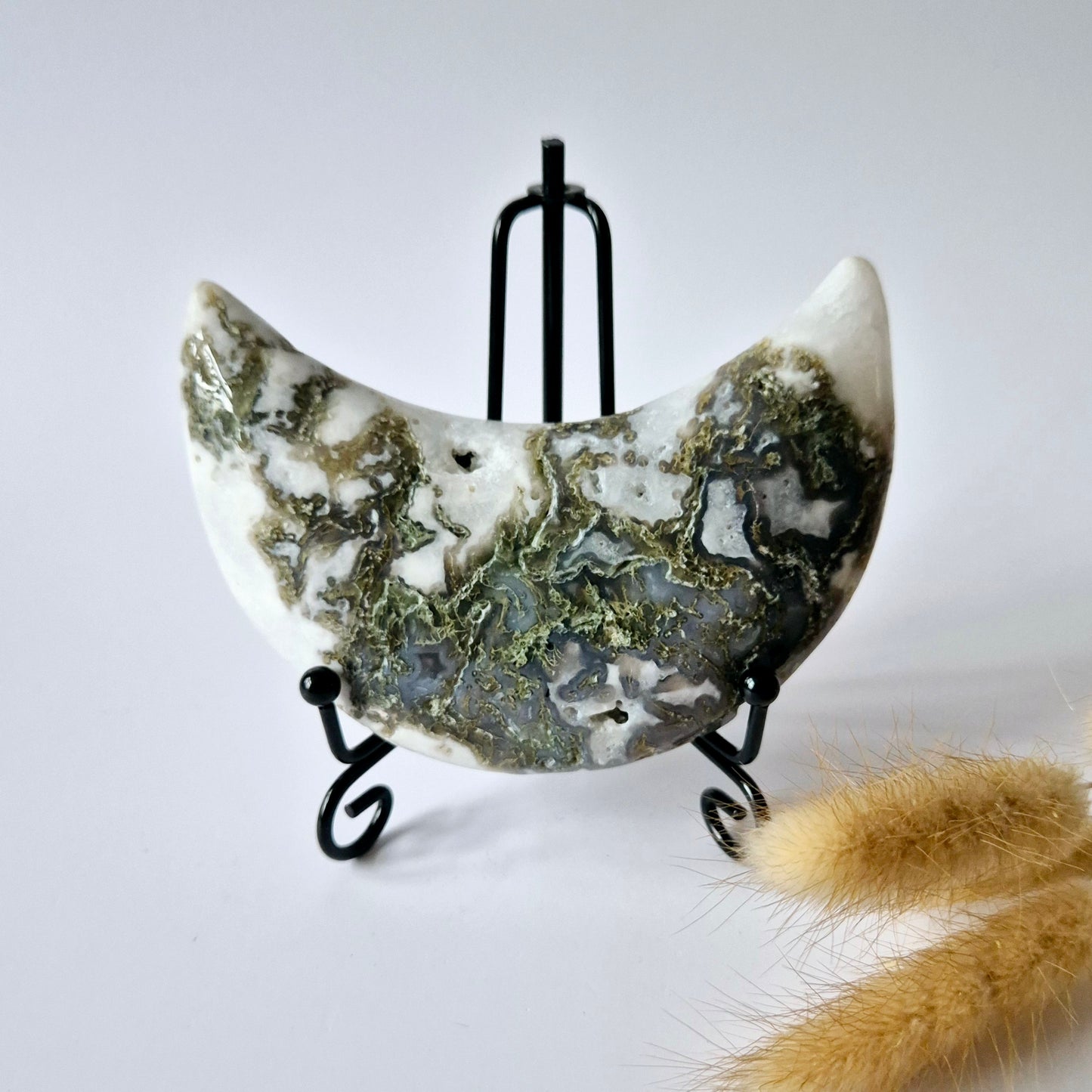 Edelsteen Mosagaat Maan op Standaard (Druzy & Patronen) #110 291gram