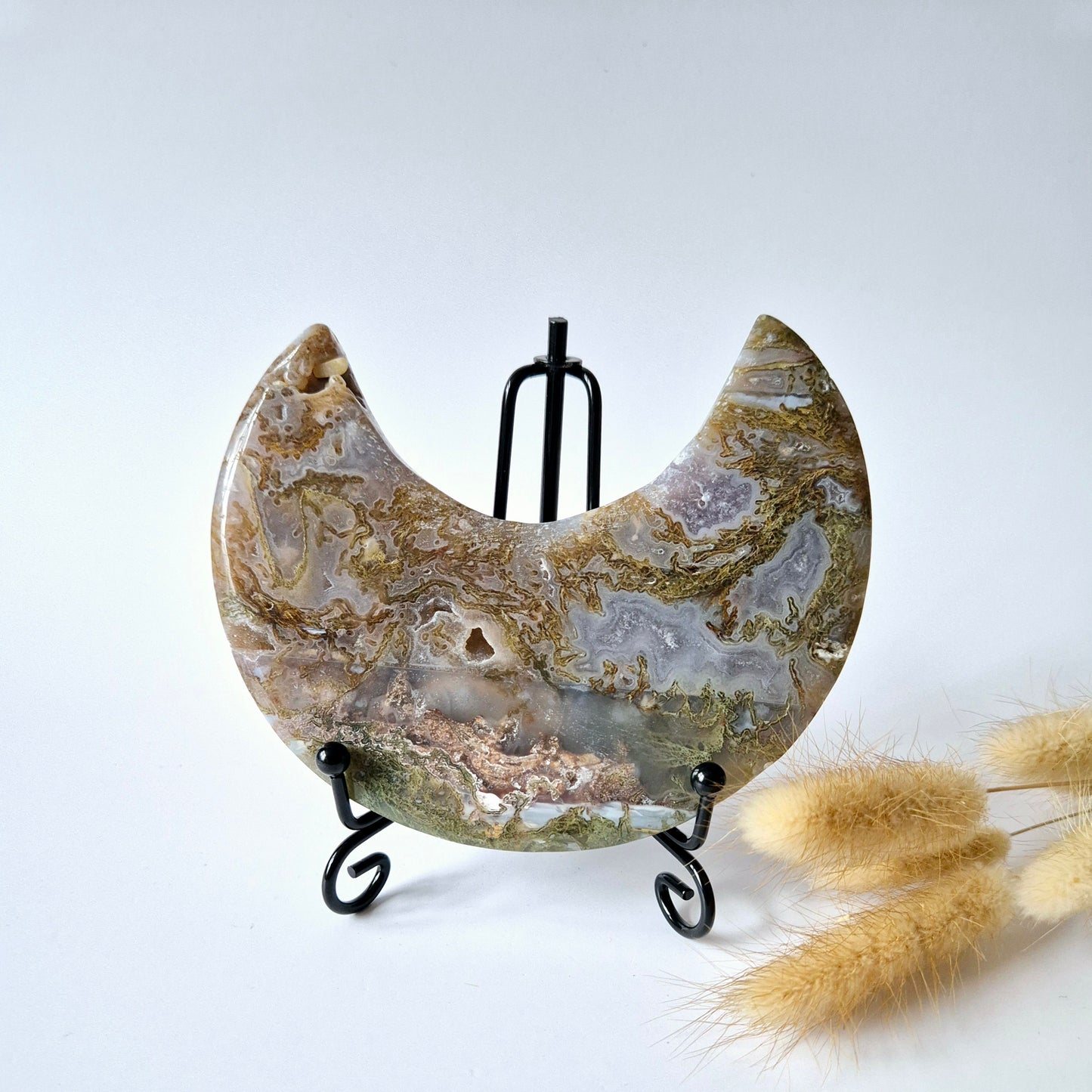 Edelsteen Mosagaat Maan op Standaard (Druzy & Patronen) #113 276gram