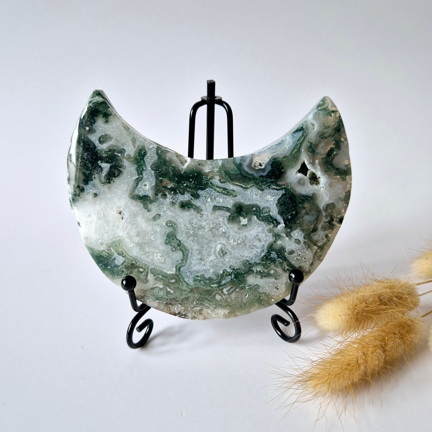 Edelsteen Mosagaat Maan op Standaard (Druzy & Patronen) #115 274gram