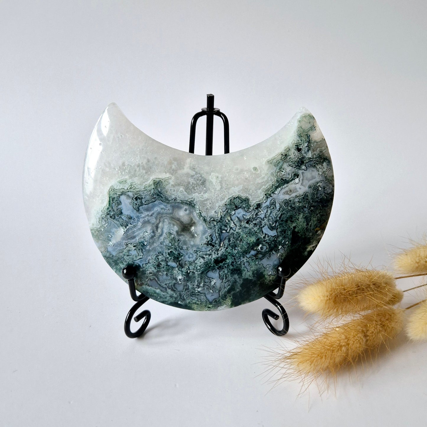 Edelsteen Mosagaat Maan op Standaard (Druzy & Patronen) #116 297gram