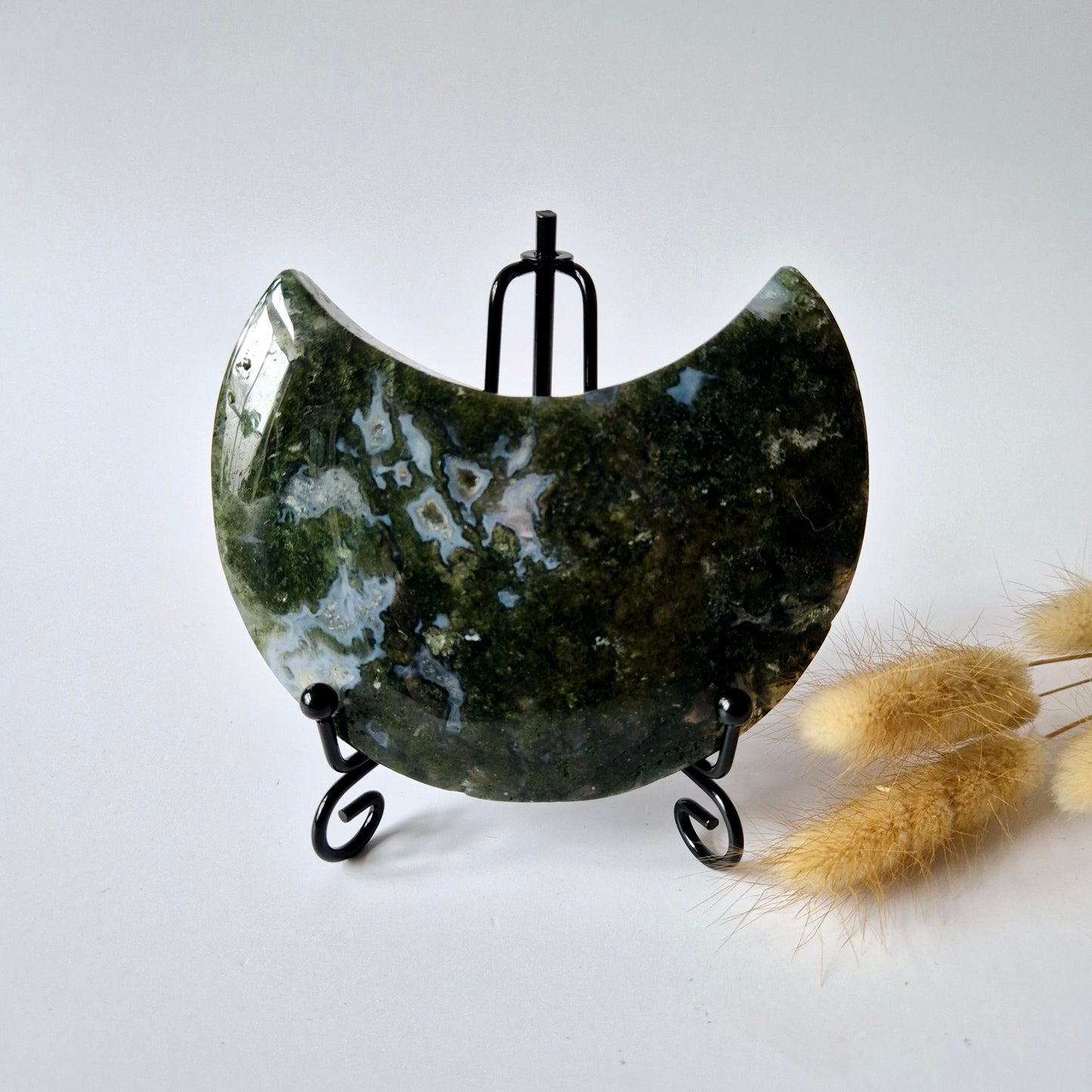 Edelsteen Mosagaat Maan op Standaard (Druzy & Patronen) #118 280gram