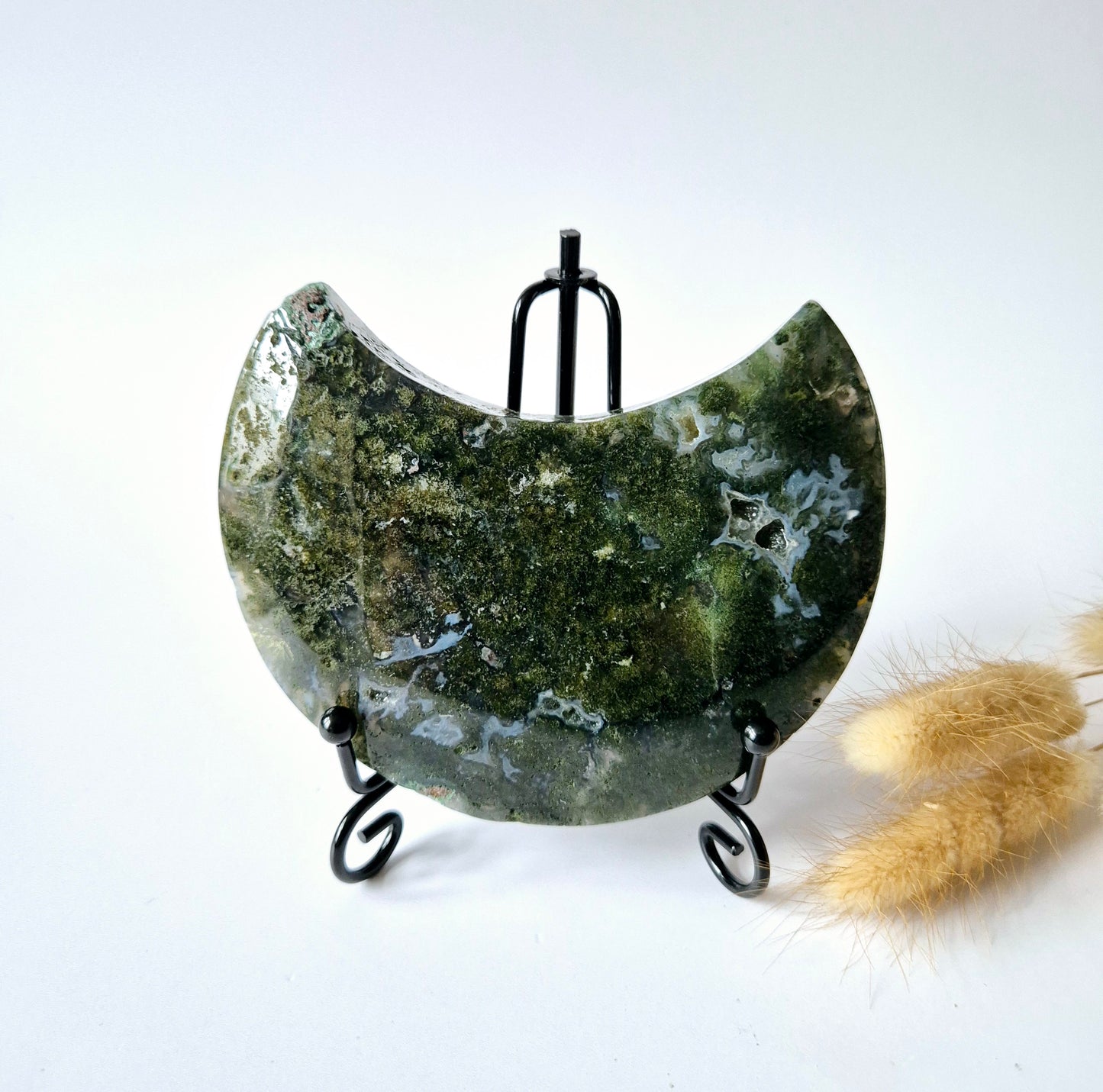 Edelsteen Mosagaat Maan op Standaard (Druzy & Patronen) #118 280gram