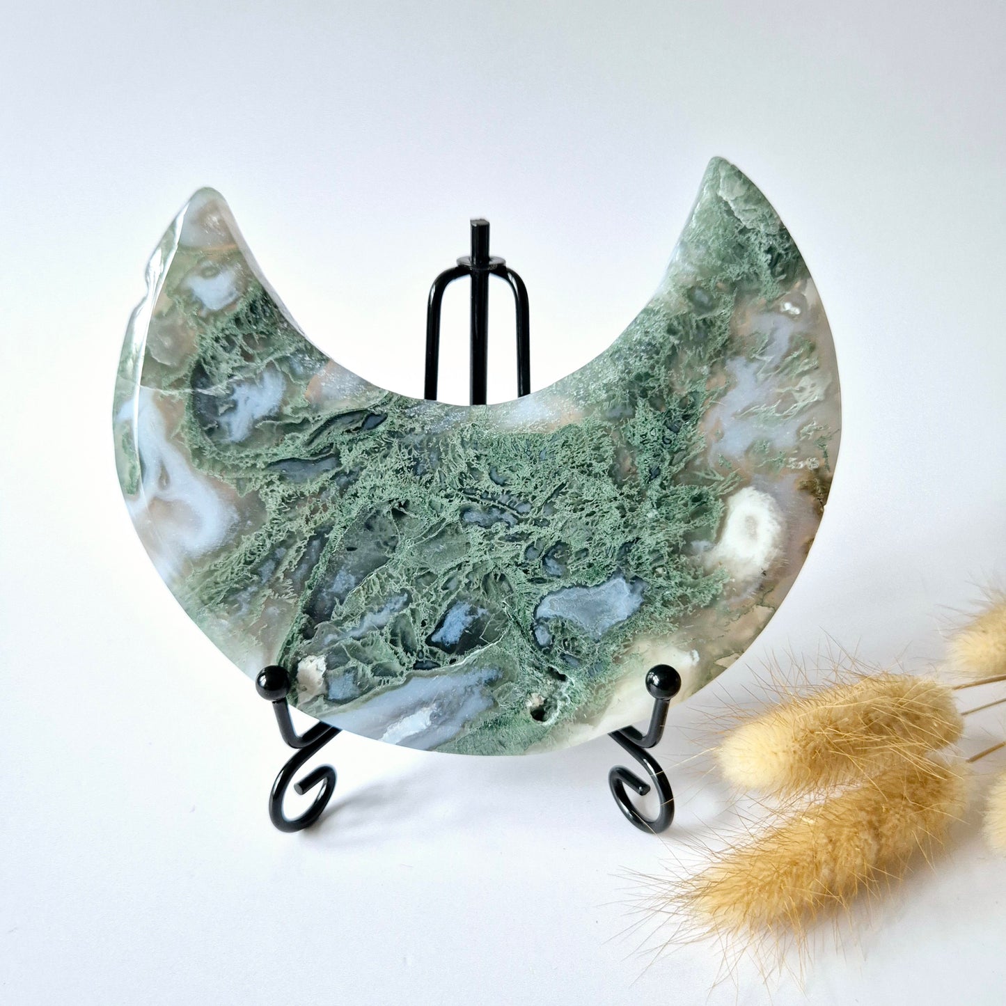Edelsteen Mosagaat Maan op Standaard (Druzy & Patronen) #119 294gram